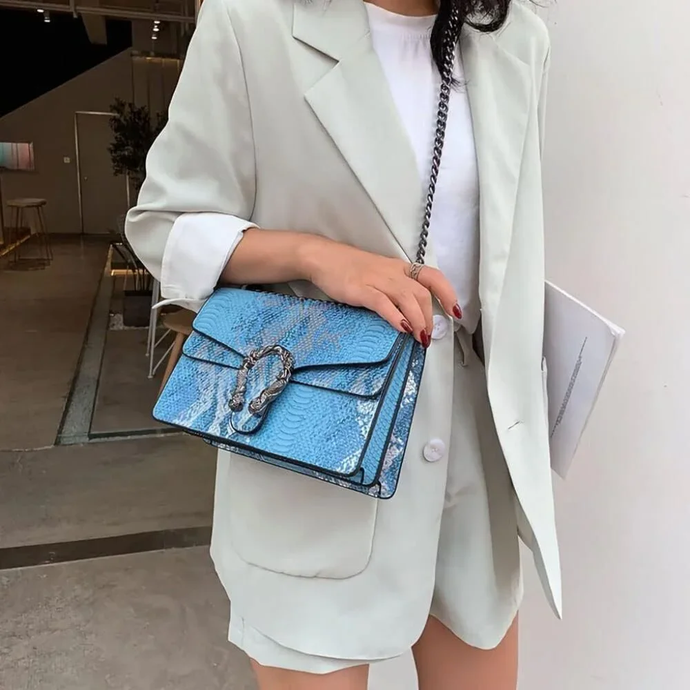 ⚡ Women's Light Blue  Leather Snake Print Crossbody Square Satchel Handbag
